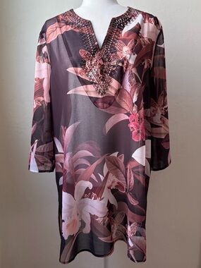Chico’s Floral Beaded Tunic Top Sheer Boho Brown Pink Size 2 (12/14)